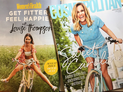 Caroline Flack and Louise Thompson on magazine covers on Bobbin bikes