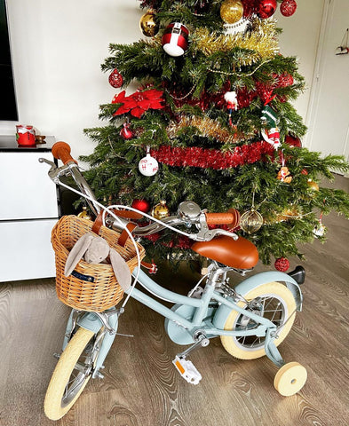 bobbin bike with basket and teddy in under christmas tree