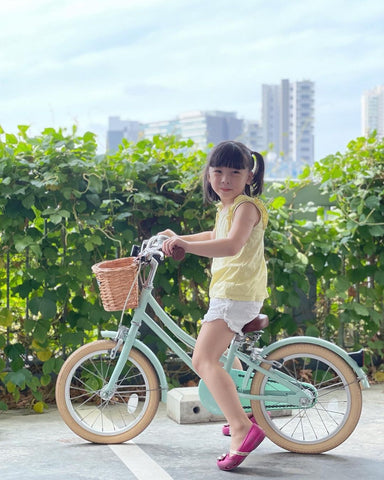 bobbin bike with basket in front of skyscrapers and greenery