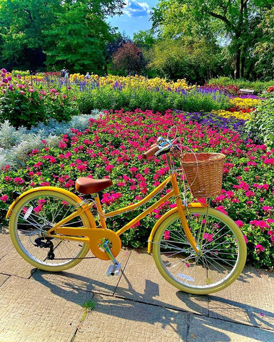 yellow bike with basket with a floral garden behind