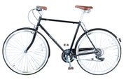 Black adult bicycle, a vintage style Dutch bike with white walled tyres, brown handle grips and brown sprung saddle